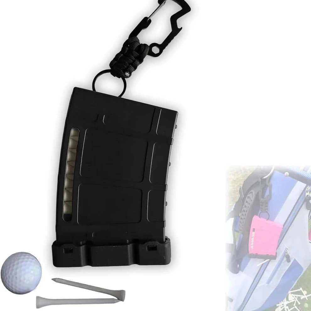 Golf tee storage box set, magazine-style golf tee storage box with carabiner, can hold 18 tees